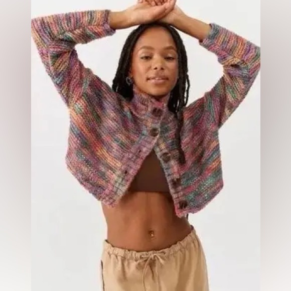 BDG Sweaters - BDG Cropped Multicolor Button-Up Knit Cardigan